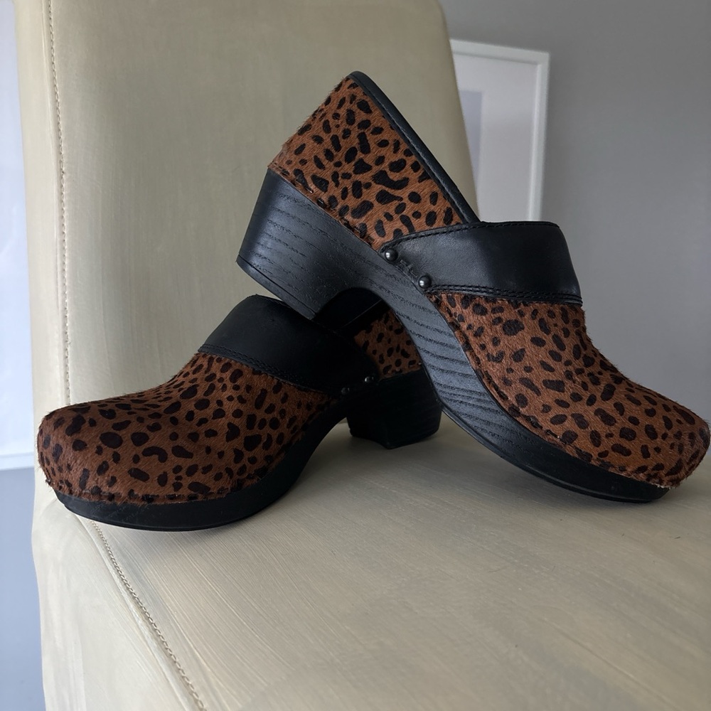 Dansko Brown and Black Leopard Print Clogs